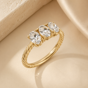 Oval Diamond Three-Stone Ring – 14K Yellow Gold