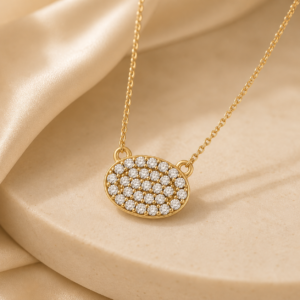 14K Yellow Gold Natural Diamond Cluster Oval Pendant Necklace