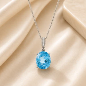 14K White Gold Swiss Blue Topaz & Diamond Pendant Necklace