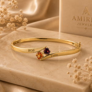 14K Gold Two-Stone Heart Bangle