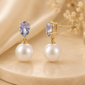 Pearl & Aquamarine Drop Earrings in 14K Yellow Gold