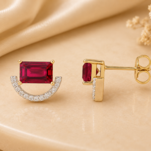 Diamond & Ruby-Color Arc Stud Earrings in 14K Yellow Gold