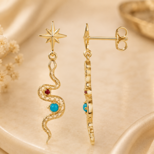 Turquoise & Ruby Snake Drop Earrings in 14K Yellow Gold