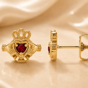 Garnet Claddagh Stud Earrings in 14K Yellow Gold