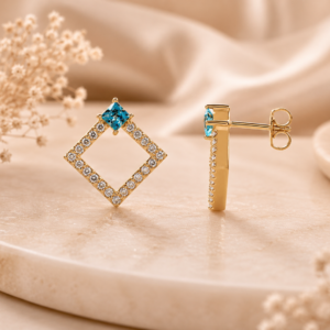Diamond & Aquamarine Geometric Stud Earrings in 14K Yellow Gold