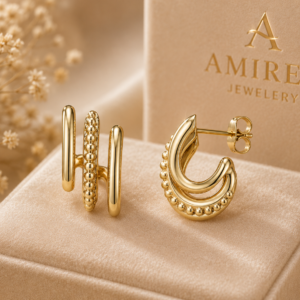 Gold Triple Stacked Beaded Hoop Earrings in 14K Yellow Gold