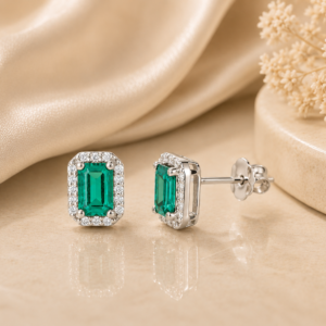 Emerald & Diamond Halo Stud Earrings in 14K Yellow Gold