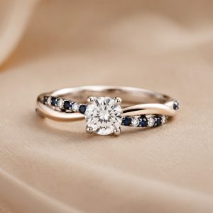 Diamond & Blue Sapphire Solitaire Ring – 14K White Gold Twisted Band